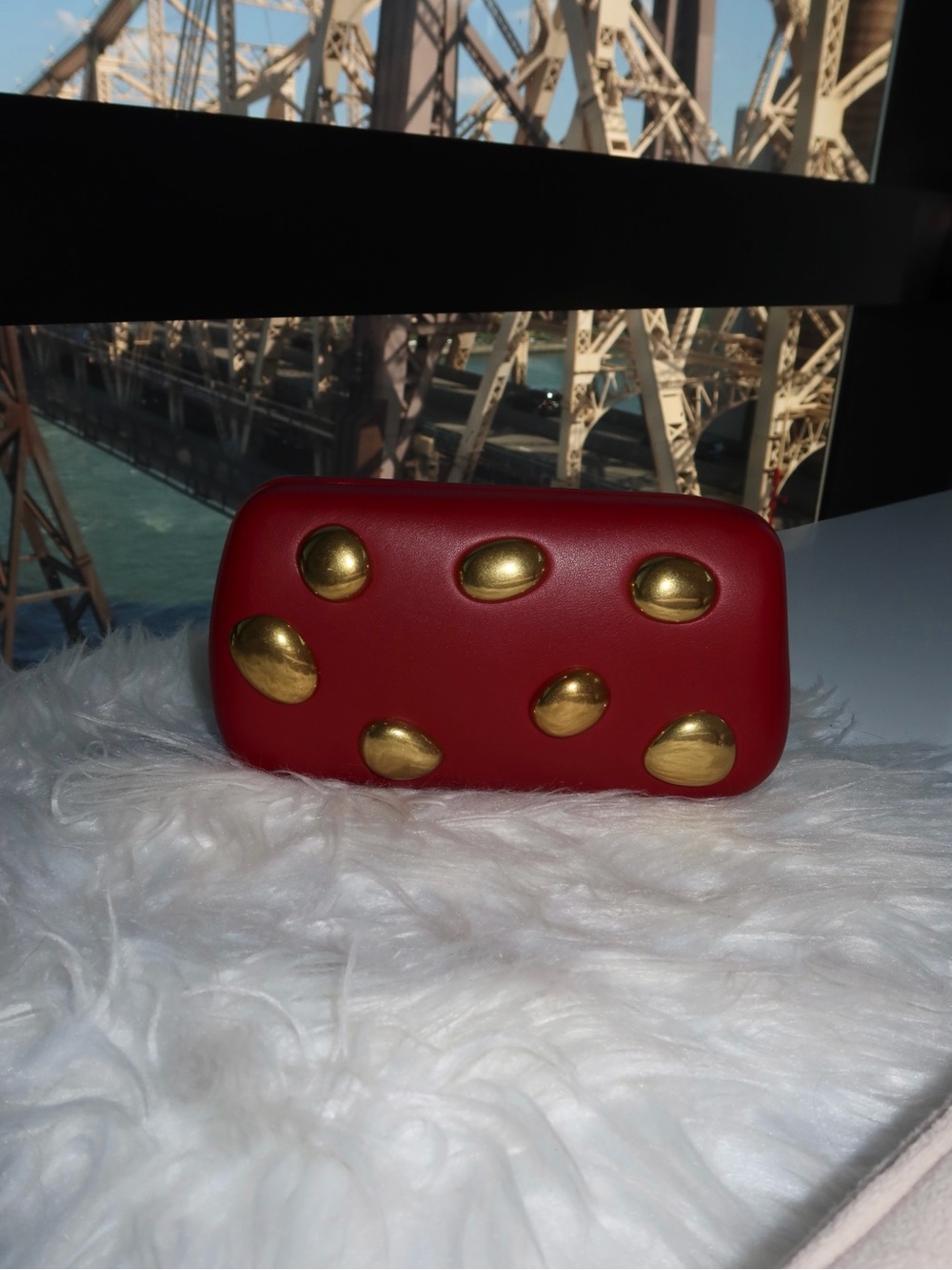 Red Leather Clutch with Gold Accent Studs